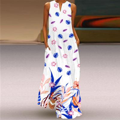 Women's  Printed Dresses Summer Boho Sleeveless V-Neck Long Dress Ladies Casual Loose Beach Party Maxi Dresses