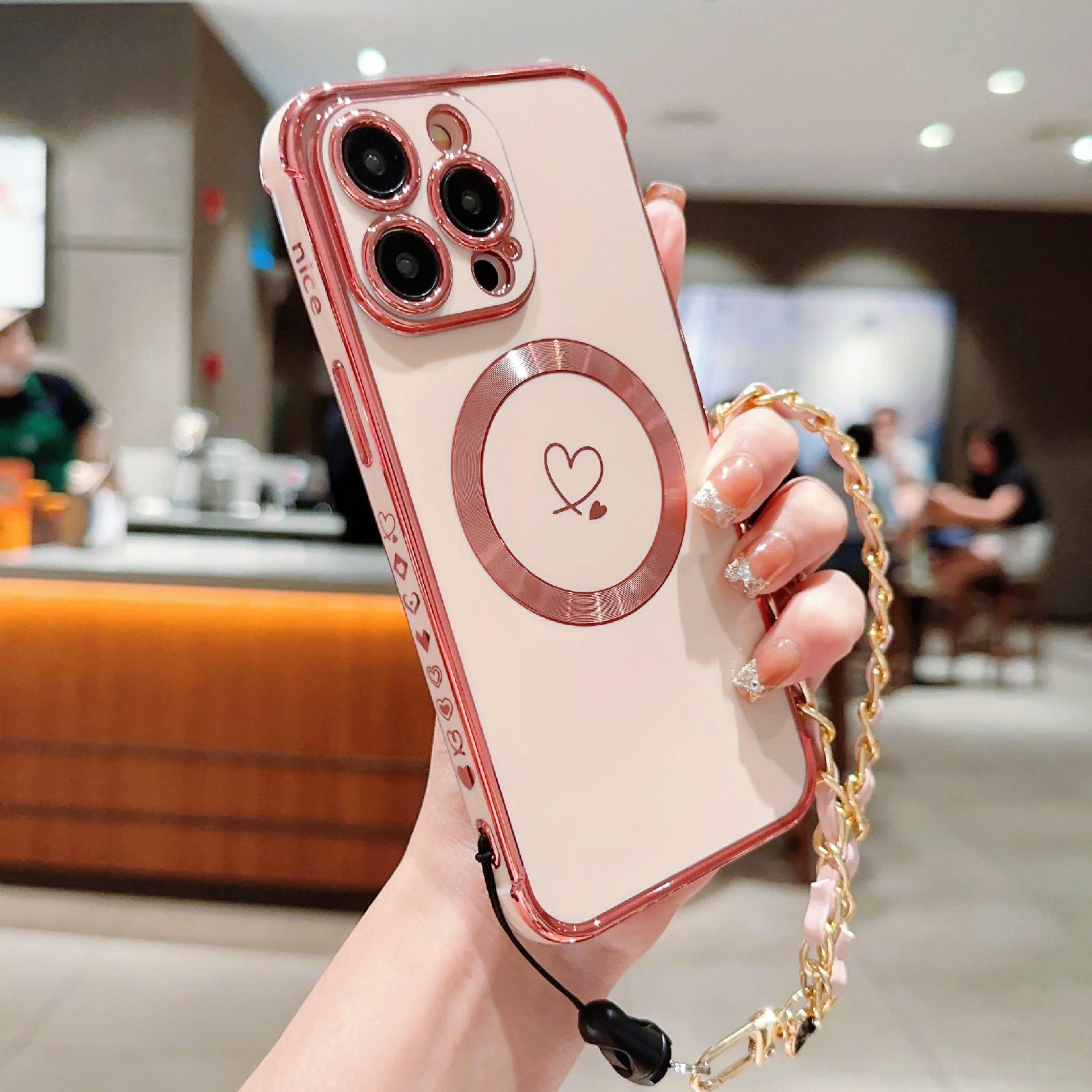 

For iPhone 15 Pro Case Compatible with MagSafe Electroplated Love Hearts TPU Phone Cover with Chain Strap Rose Pink