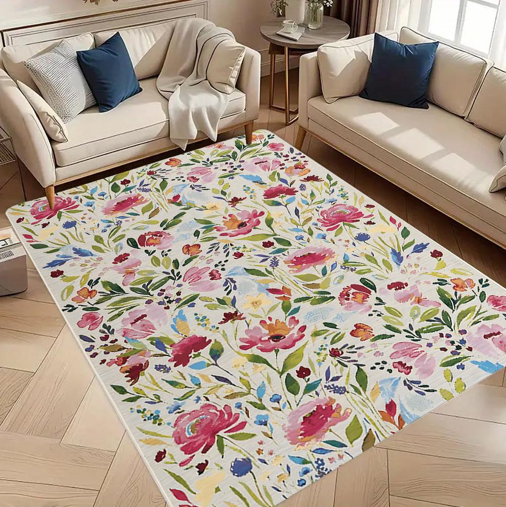 

Living Room Rug Watercolor Floral Healing Style Theme Carpet Non-Slip Easy Clean Fresh Artistic Home Decor Mat 40X60cm