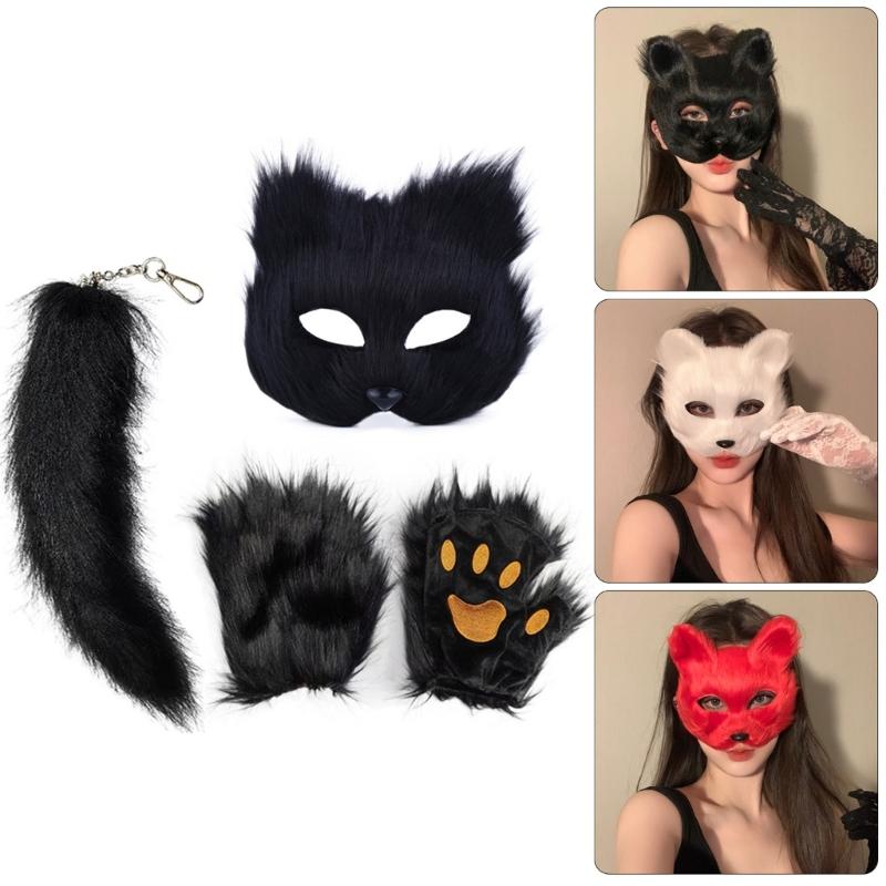 Animal Face Cover Foxes Tail Furry Gloves Plush Animal Tail Foxes Face Cover Paws Gloves for Halloween Cosplay Parties