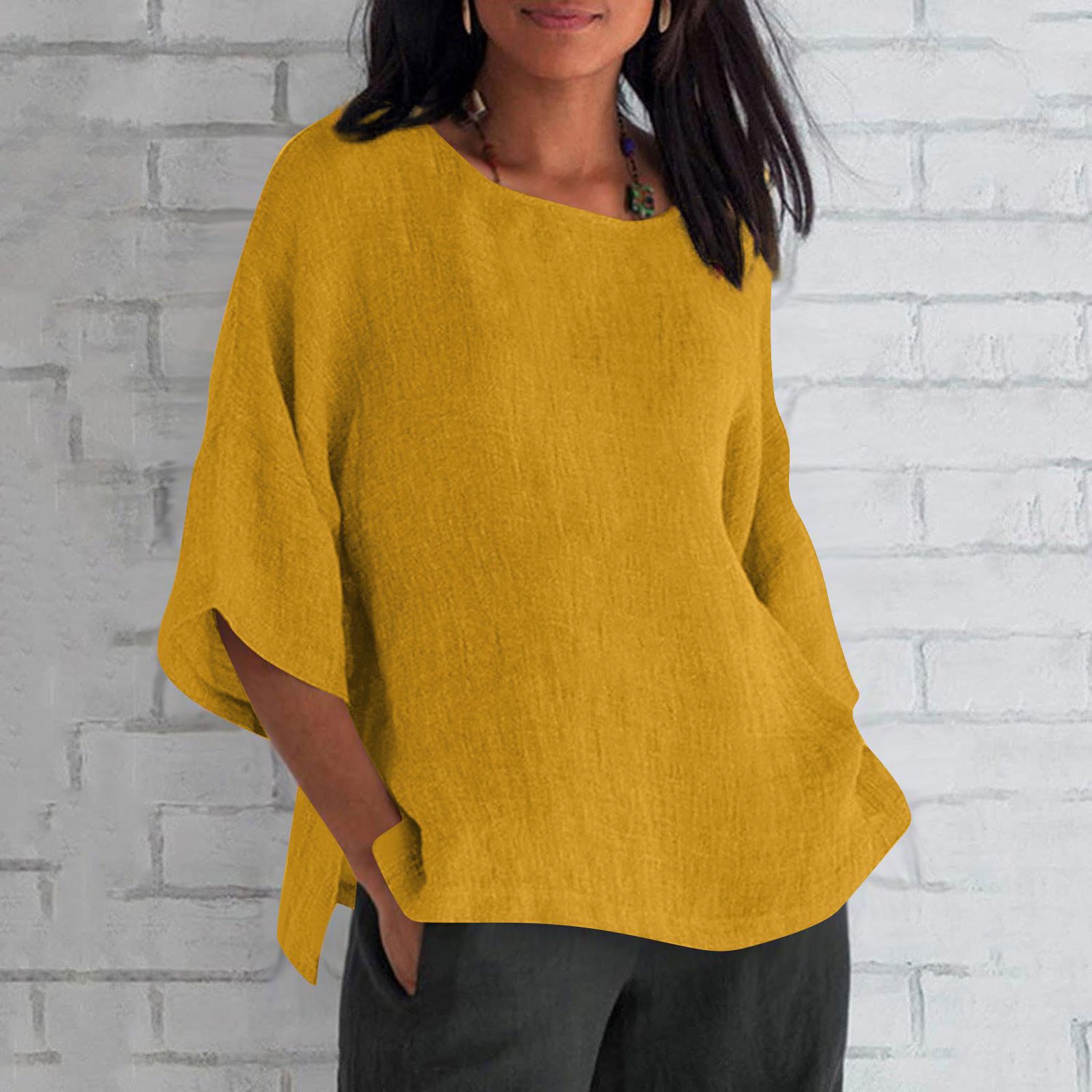 

Женская модная хлопковая свободная рубашка с короткими рукавами и круглым вырезом, блузка XL жёлтый