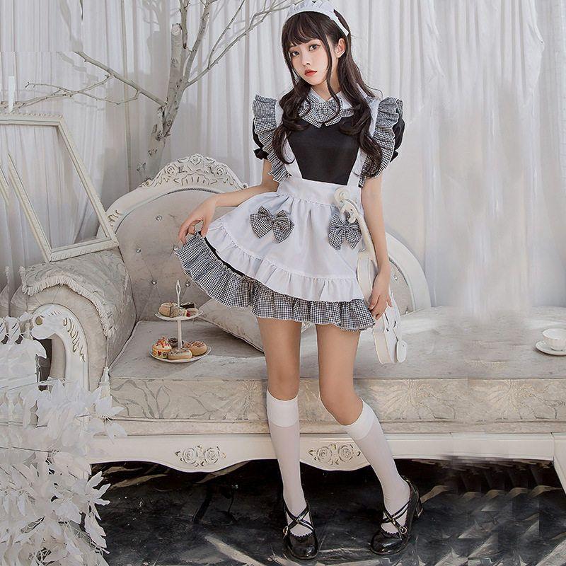Halloween Costume Lolita Maid Outfit Cook's Daily Black and White Plaid Cosplay Maid Lolita Dress