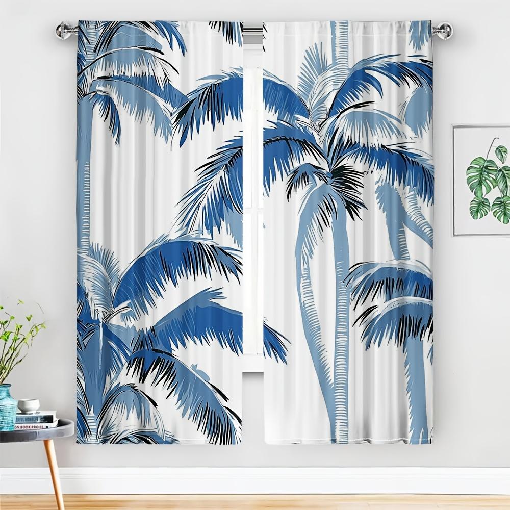 2Pcs Tropical Palm Curta No Rod Blue White Coastal Blackout For Living Room Bedroom Hotel Restaurant Decor