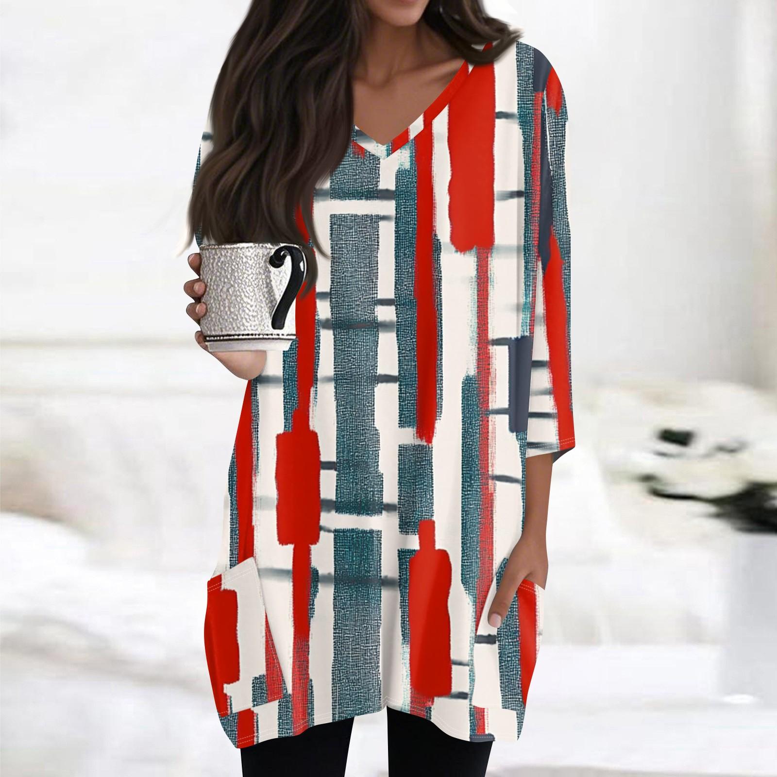 

Женские топы с V-образным вырезом и рукавом 3/4 Блузки Повседневные рубашки средней длины Модные принты Туники Топы с карманами XL красный