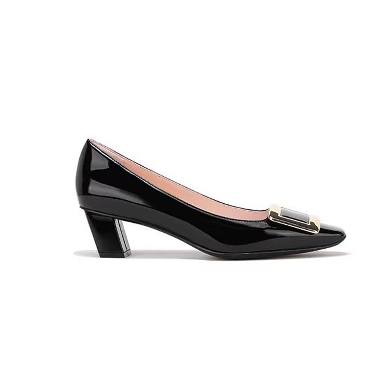 Square buckle thick heel single shoes 2025 spring new French retro light mouth square head thick heel commuter high heel single shoes women