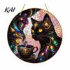 Stylish Cat Hanging Sign Moon Halloween Window Decor, Mystical Black Round Wall for Indoor Outdoor Art, Gothic Home Porch Door Ornament Artistic