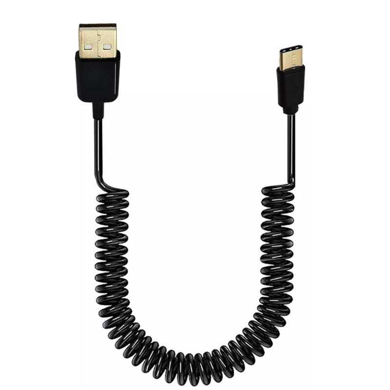 USB Type C Cable Coiled Spring Spirals Type-C Male to USB 2.0 Male Extension Cord Data Sync Charger Cable for Phone