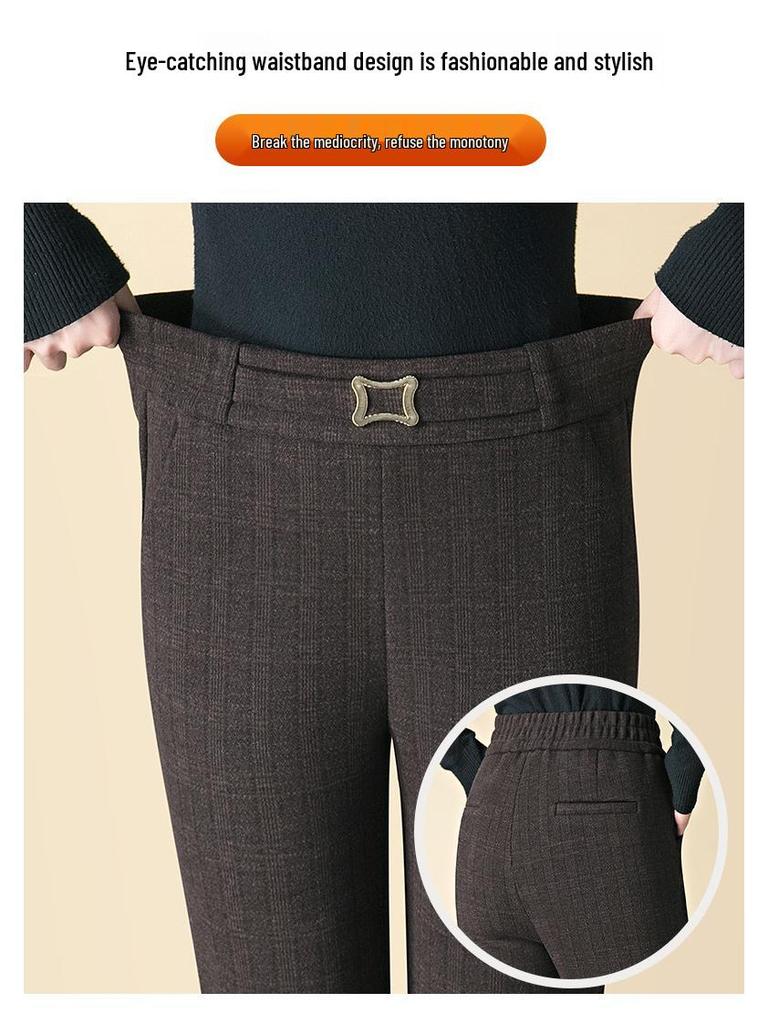 Women's High-Waisted Plaid Acetate Wool Pants - Plus Velvet, Thickened for Warmth, Autumn/Winter Style, Ideal for Middle-Aged Moms