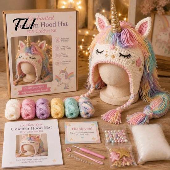 Handmade Fantasy Headwear Hood Crochet Kit, Cute Animal Hat DIY Dragon Unicorn Halloween Cosplay Kit Skull Earflap Craft for Adults, Headgear Novelty