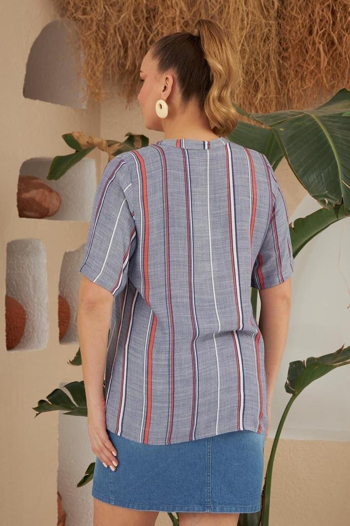 Damen Übergröße Bluse Plus Size Gestreifte Bluse mit Kragen Knopfdetail