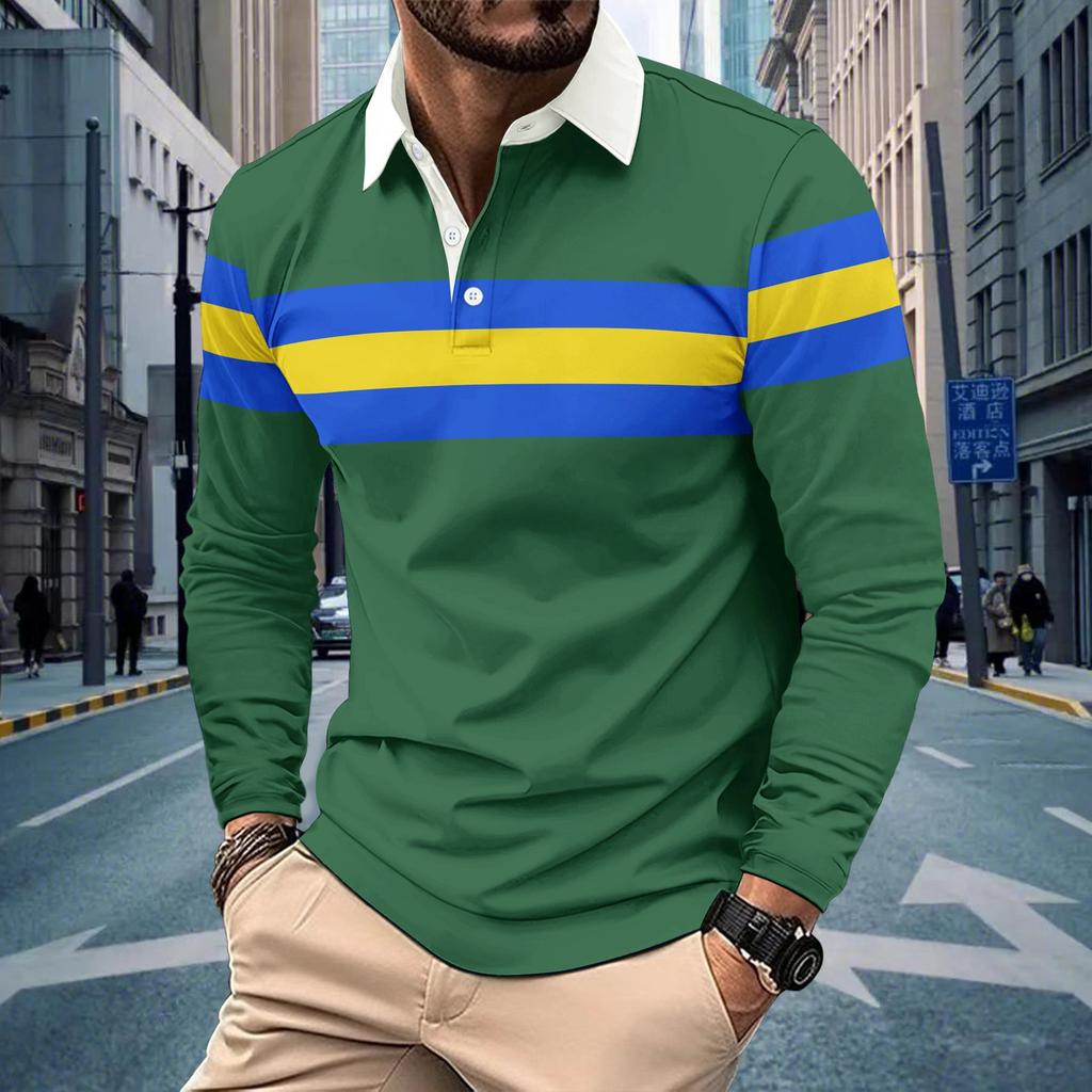 Autumn Long Sleeved Color Blocked Lapel Men's Casual Polo Shirt