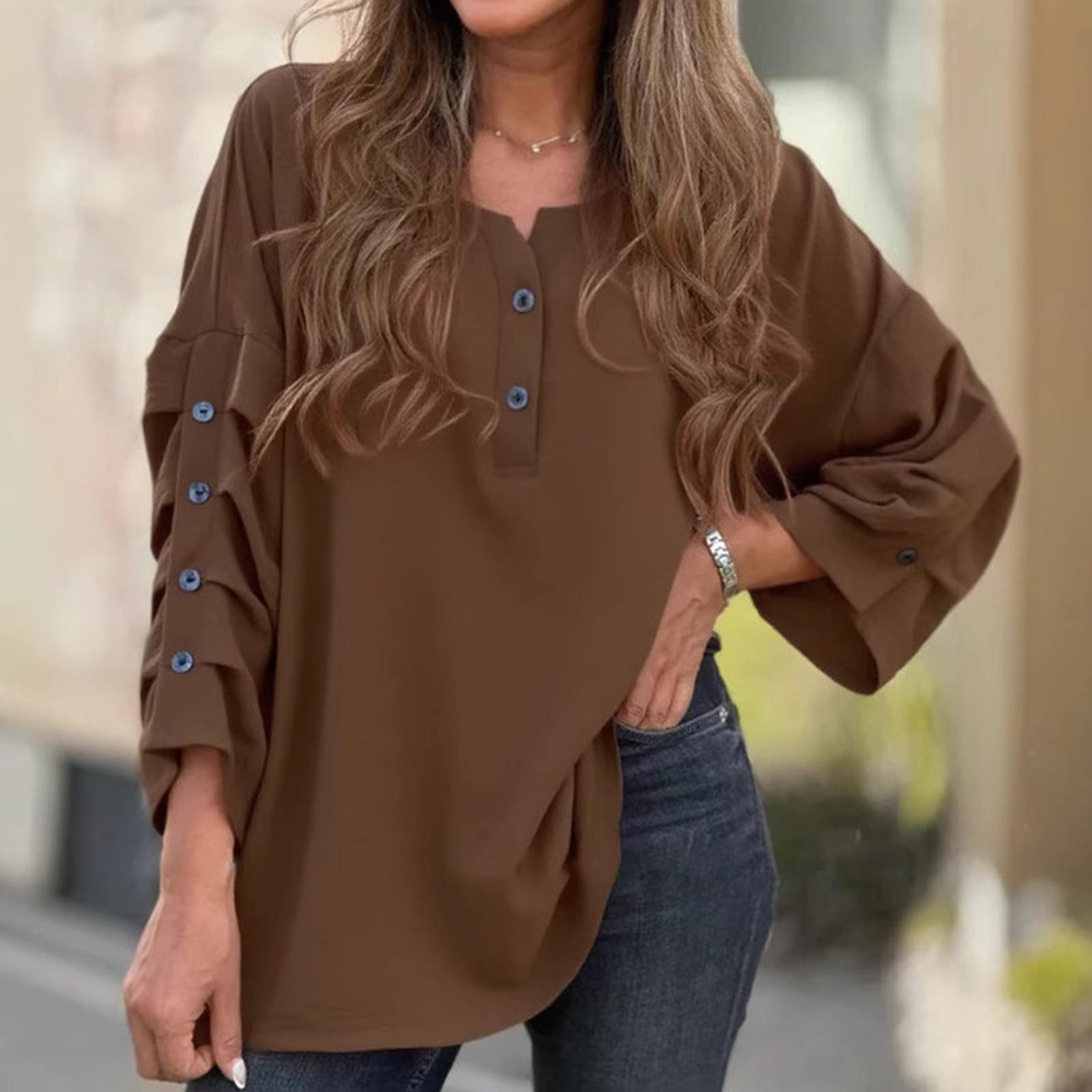 

Fashionable Women s Casual Color Cotton Linen Button Bubble Sleeve Top M