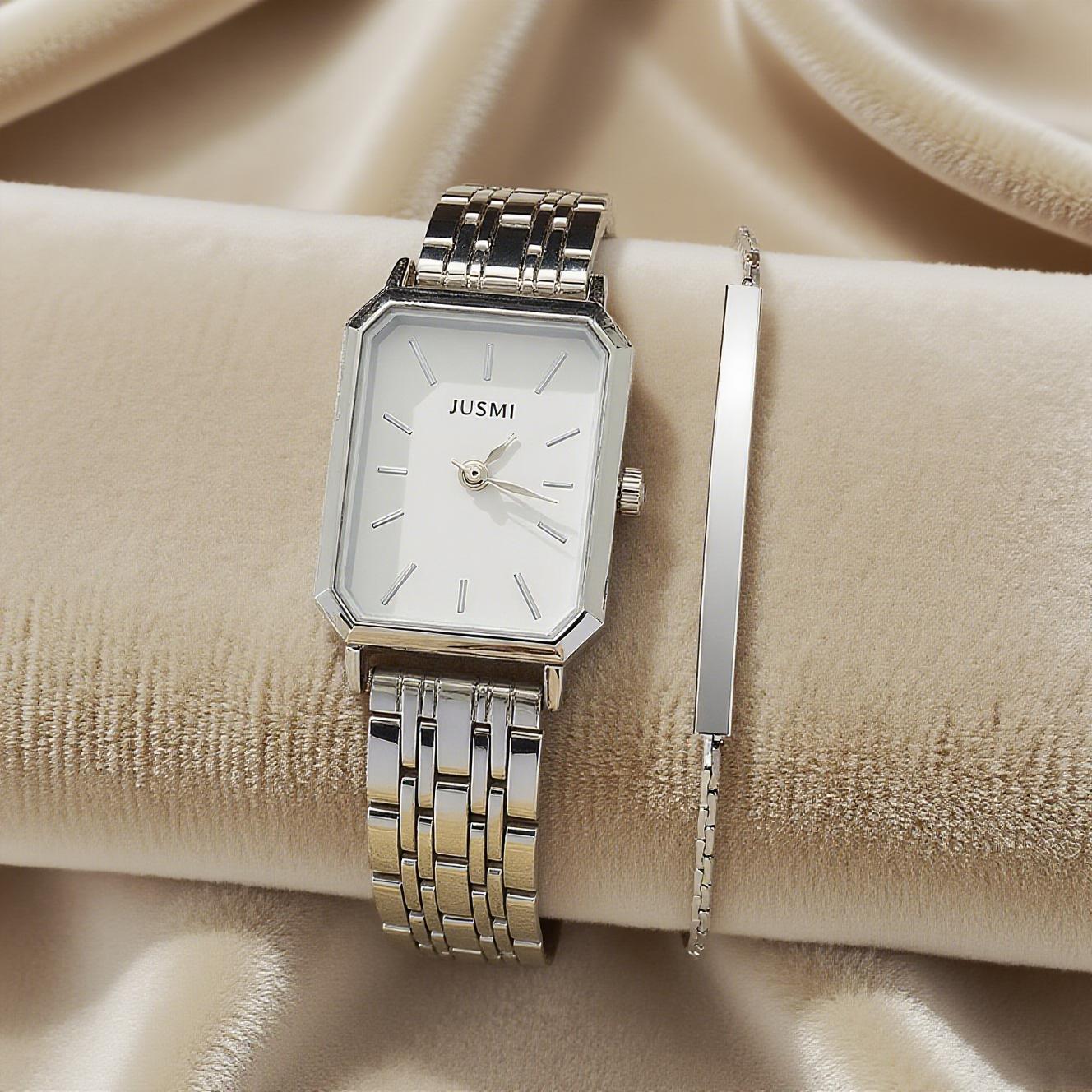 

Fashionable simple small square steel Women s quartz watch jewelry set 2 sets, suitable for Christmas and Halloween gifts