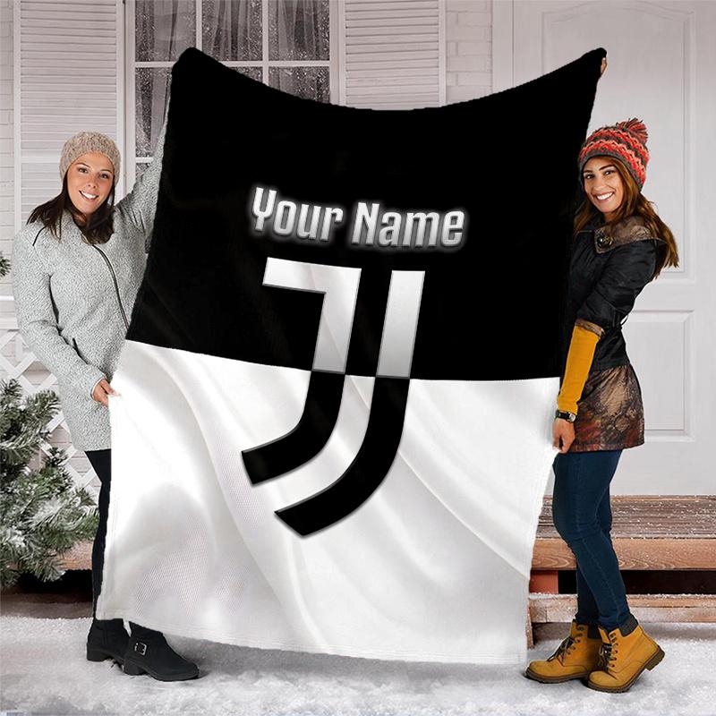 1pc Personalized Name Juventus Theme Blanket - Digital Print, Polyester, Cozy for All Seasons, Perfect for Outdoor, and Travel