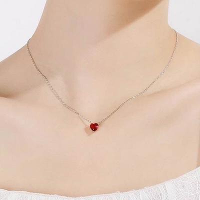 Begua Ringen 925 Sterling Silver Necklace Red Heart-shaped Clavicle Chain Simple Crystal for Women