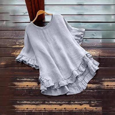 2024 Solid Color Ruffle Round Neck Short Sleeve Button Women's Shirt