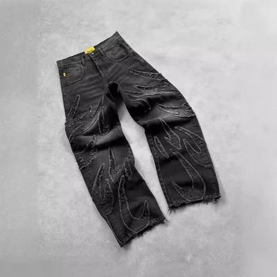 Mens Loose Fit Straight Leg Denim Jeans With Gradient 3D Print Washed Vintage Style Streetwear