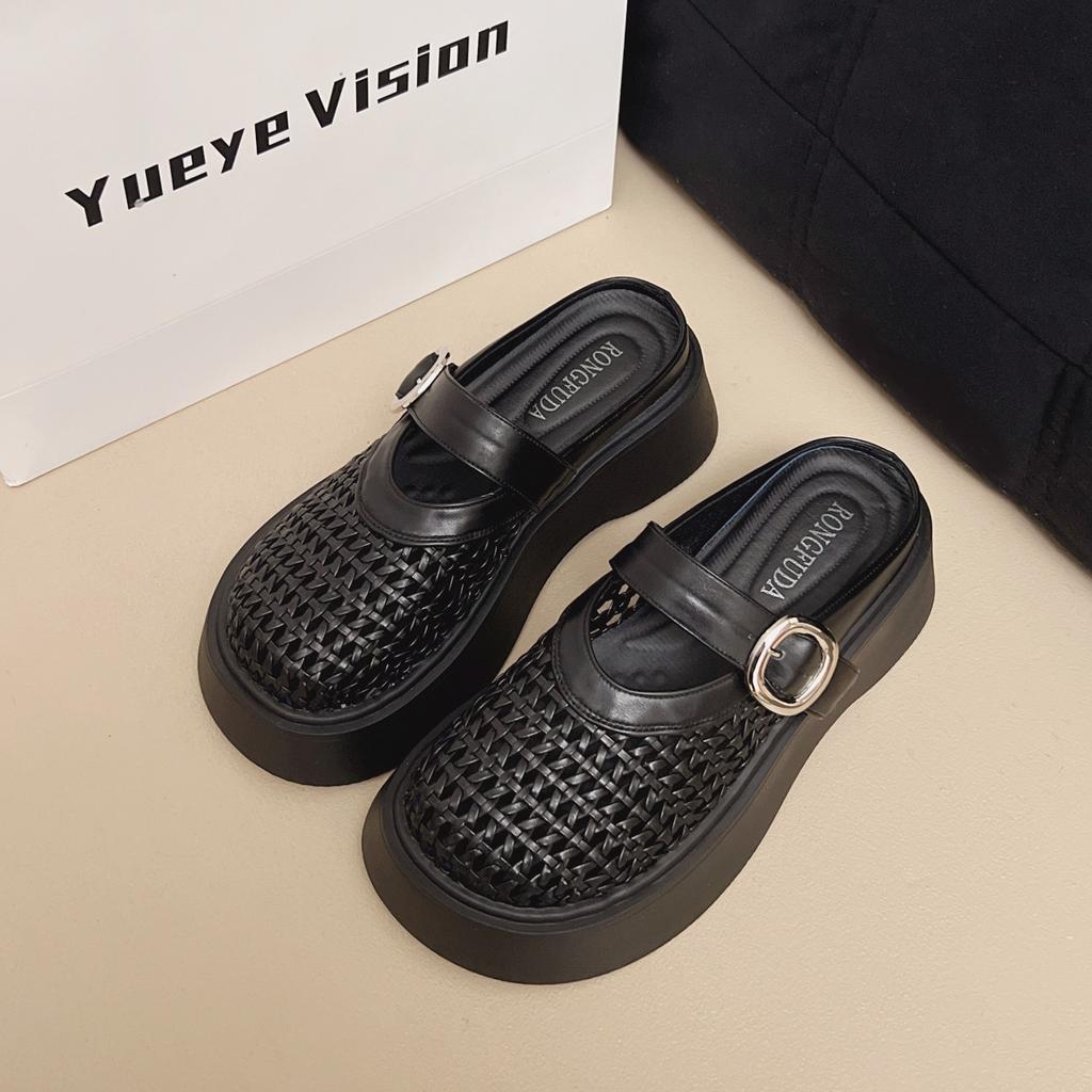 Woven Hollow Baotou Half Slippers 2025 Summer New Versatile Breathable Flat Bottom Beach Hole Shoes