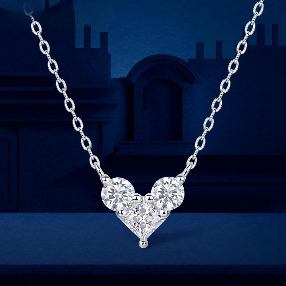 Sweetrain  Princess Cut Moissanite Necklace Sterling Sliver Chain Plated White Gold Heart Necklace for Women Jewelry
