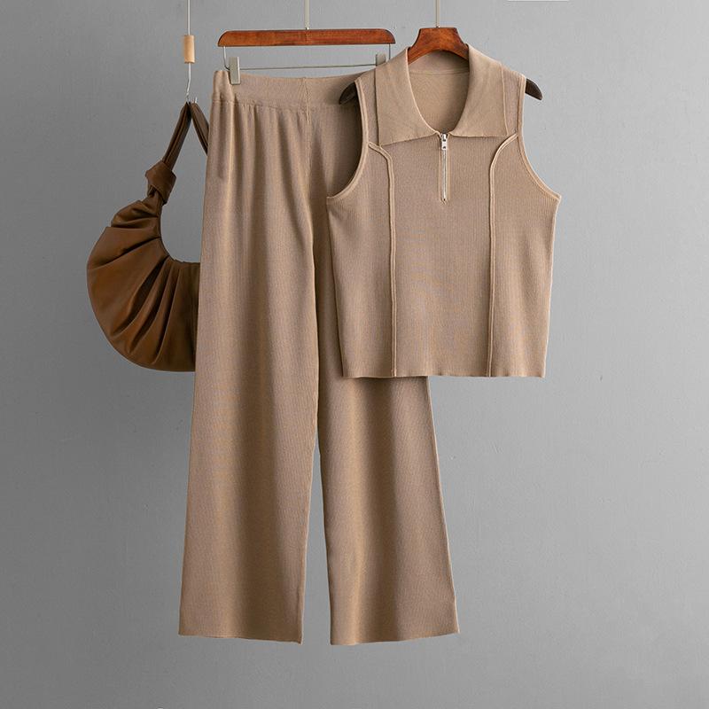 

Трикотажный воротник на молнии, маленький топ-майка, модный комплект, повседневные брюки с высокой талией, комплект из двух предметов OneSize хаки