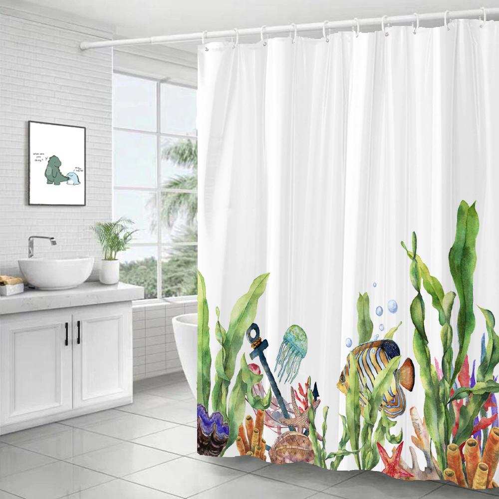Dolphin Shower Curtain Blue Underwater World Marine Life Polyester Fabric Kids Ocean Theme Bathroom Curtain Decor with Hooks