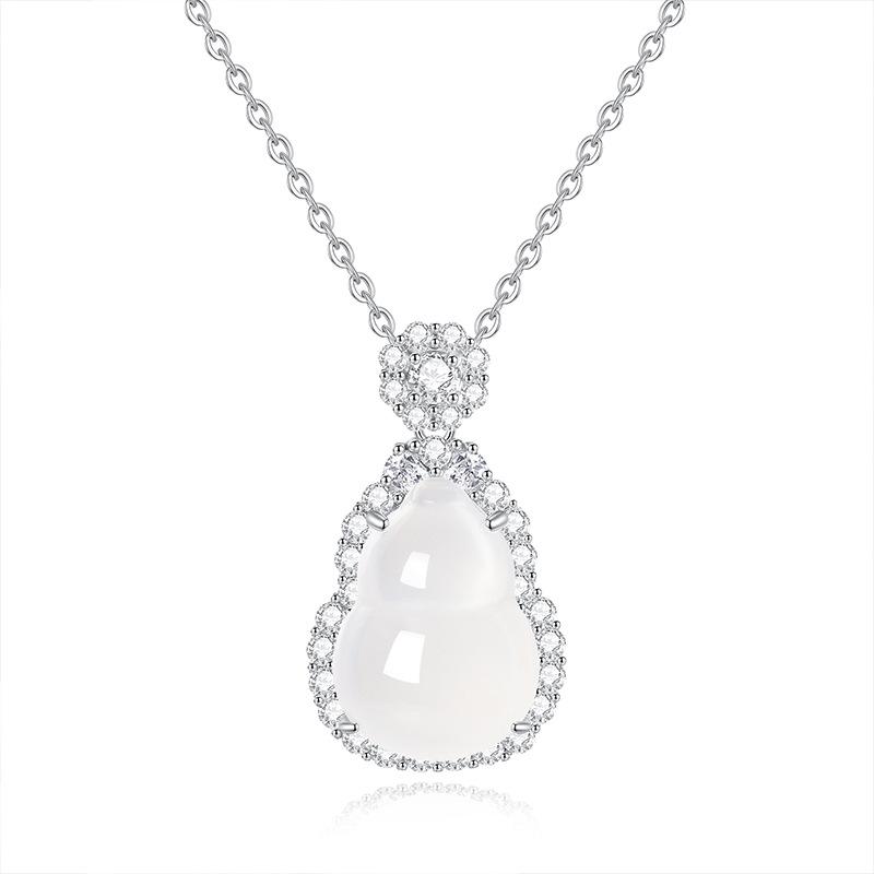 Natural Water Foam Jade Gourd Design Pendant S925 Silver Inlaid Small New Chinese Popular Accessories Women's Necklace Chain
