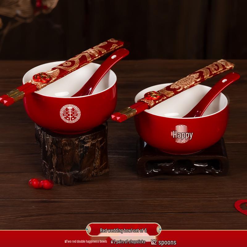 Festive Red Wedding Tea Set: Lidded Bowls, Tea Cups, and Chopsticks