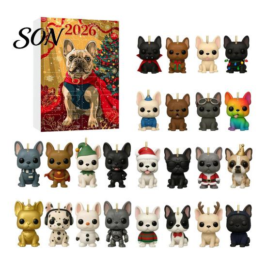 Countdown Calendar 24 Days Bulldog Advent 2026, Acrylic Puppy Ornaments Christmas Calendar, 2D Flat Dog Xmas Tree Pendant for Tree, Holiday
