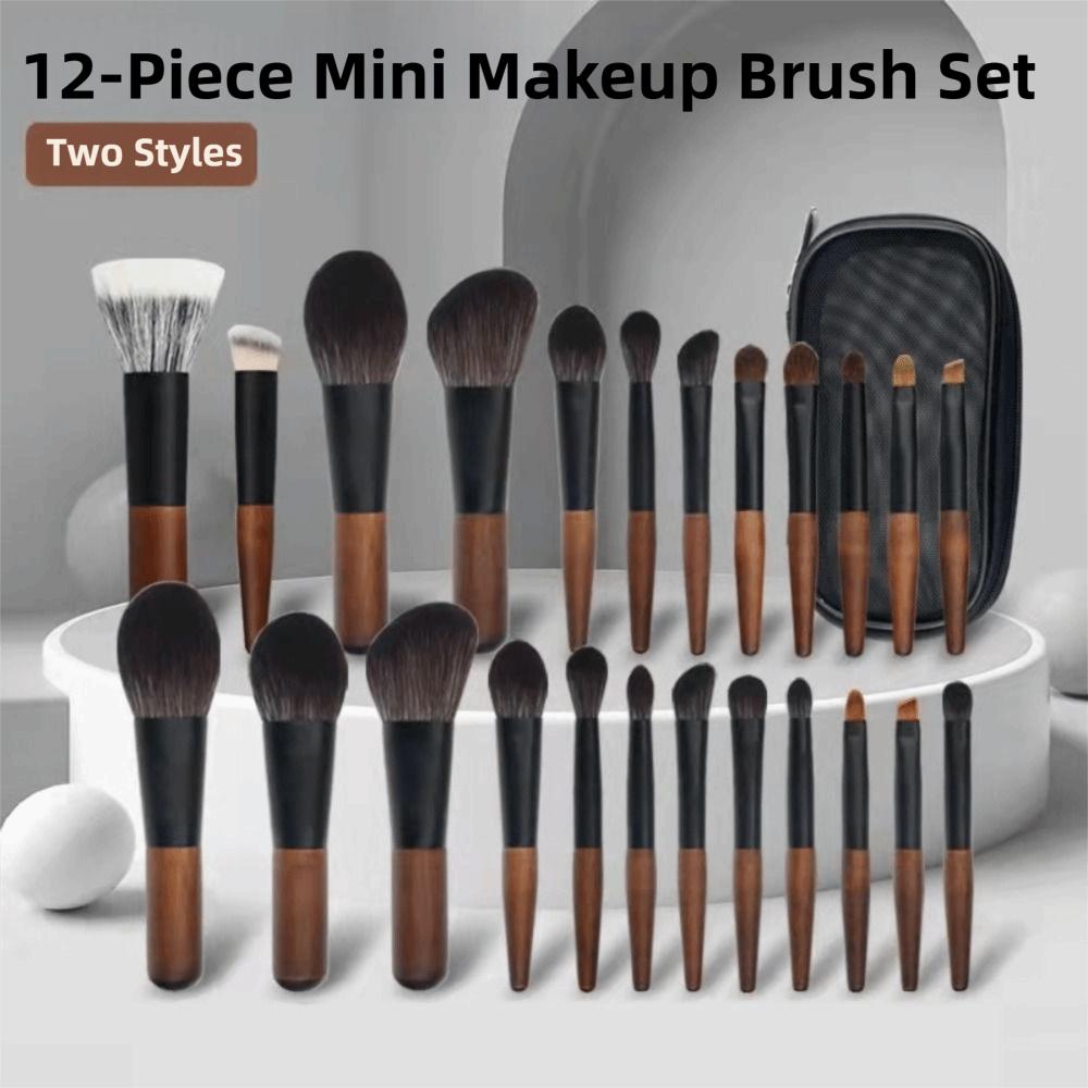 12Pcs Compact Mini Makeup Brush Set Wood Handle Eyeshadow Make Up Kit Lip Liner Brush Set  Travel