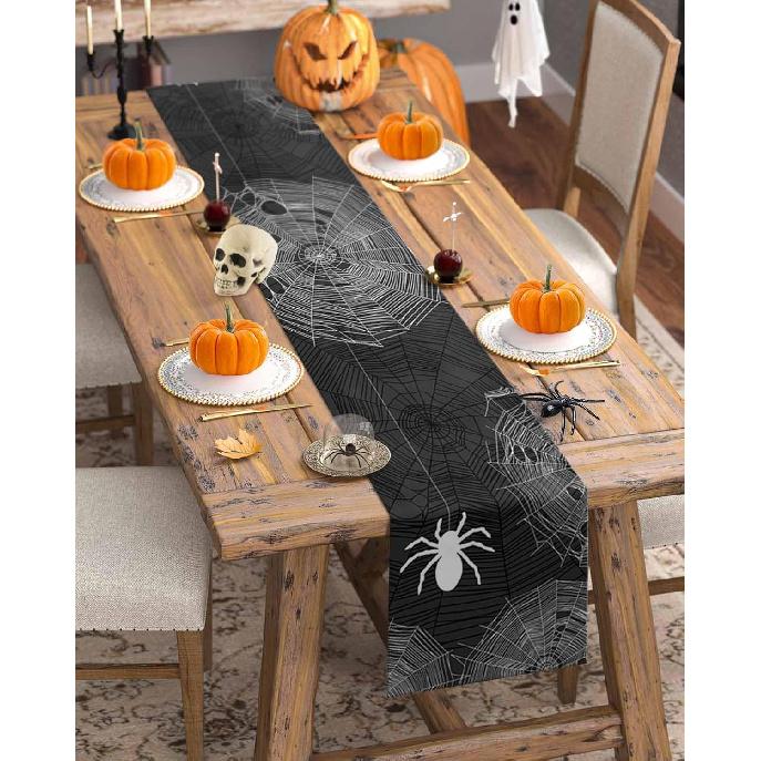 Halloween Linen Table Runner,Spiders Spiderweb Texture Dresser Scarf Kitchen Dinning Tabletop Covers Decor for Indoor Outdoor Party Holiday Wedding
