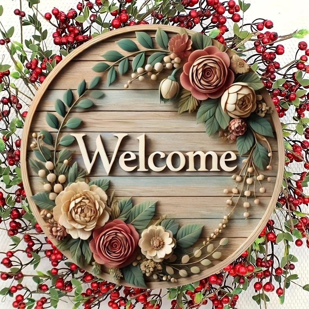 Retro Style Round Doorplate Cat Print Hanging Wooden Board New 2D Round Welcome Sign Home Decor