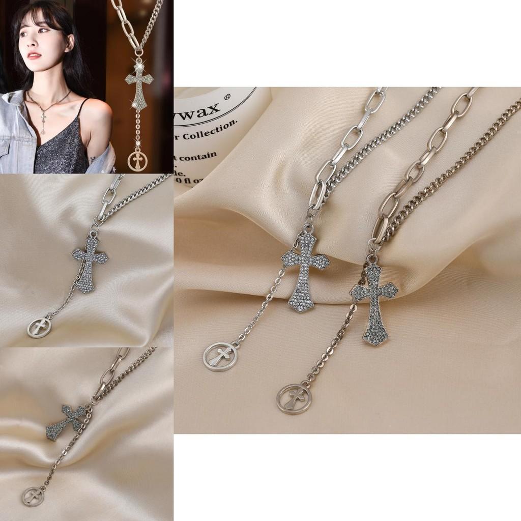 Elegant Korean Style Long Cross Pendant Necklace For Women With Titanium Steel Design