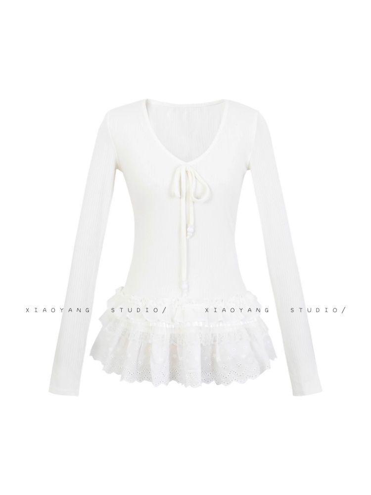 White Lace Trim V-neck Slim Fit Long-sleeve T-shirt