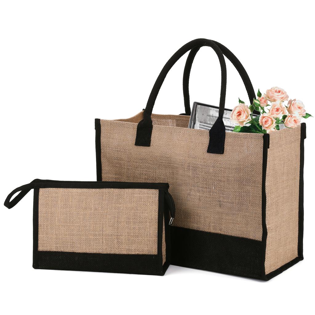 Women Jute Tote Bag Burlap Tote Bag Patchwork with Pouch Reusable Gift Tote Bag Commuting Bag for Wedding Birthday Holiday