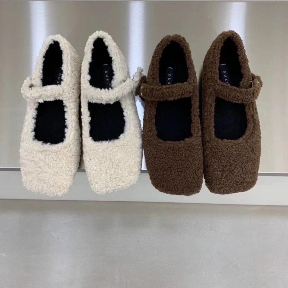 Designer Fashion Square Toe Fleece Flet Ballet Flats Woman Winter Warm Wool Mary Jane Shoes Ladies Brand Elegant Plush Loafers