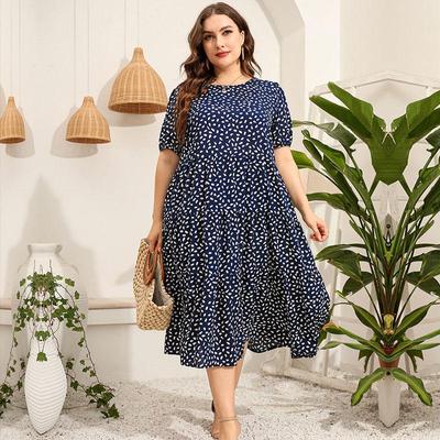 Plus Size Damen Unregelmäßige Spitze Kurzarmkleid Lose O-Ausschnitt Große Schaukel Langes Kleid XL-5XL