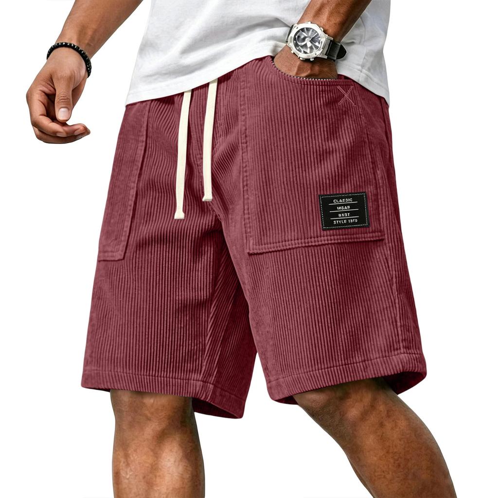Pantaloncini Casual da Uomo in Velluto a Coste con Coulisse in Vita e Stampa con Lettere Applicate, Vestibilità Rilassata, Lunghezza al Ginocchio, per l'Uso Quotidiano