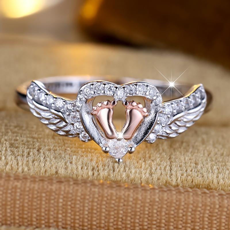 Real 925 Sterling Silver Angel Wings Baby Feet Rings for Women Jewelry Best Gift for Mother
