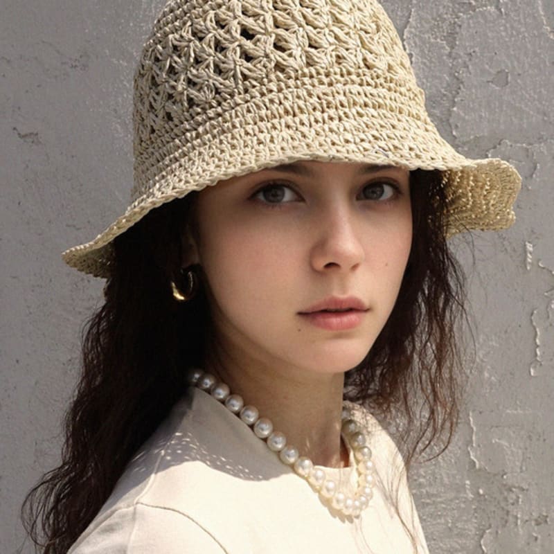 PREMIERE AMOUR Blossom Crochet Straw Bucket Hat - White