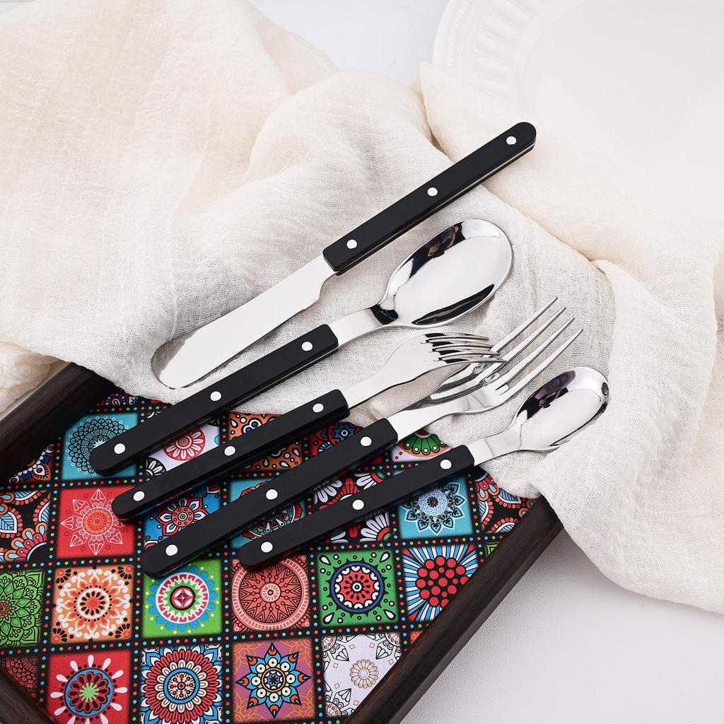 16 Pieces Color Handle Flatware Eating Utensils, Stainless Steel Tableware Rivet ABS Handle Design, Knives Forks Spoons for Home, Service for 4