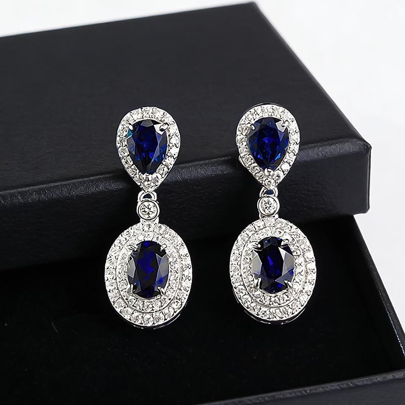 Luoxi Temple S925 Silver Pigeon Blood Red Blue Sapphire Earrings for Women - Pear-shaped Oval 5*7mm