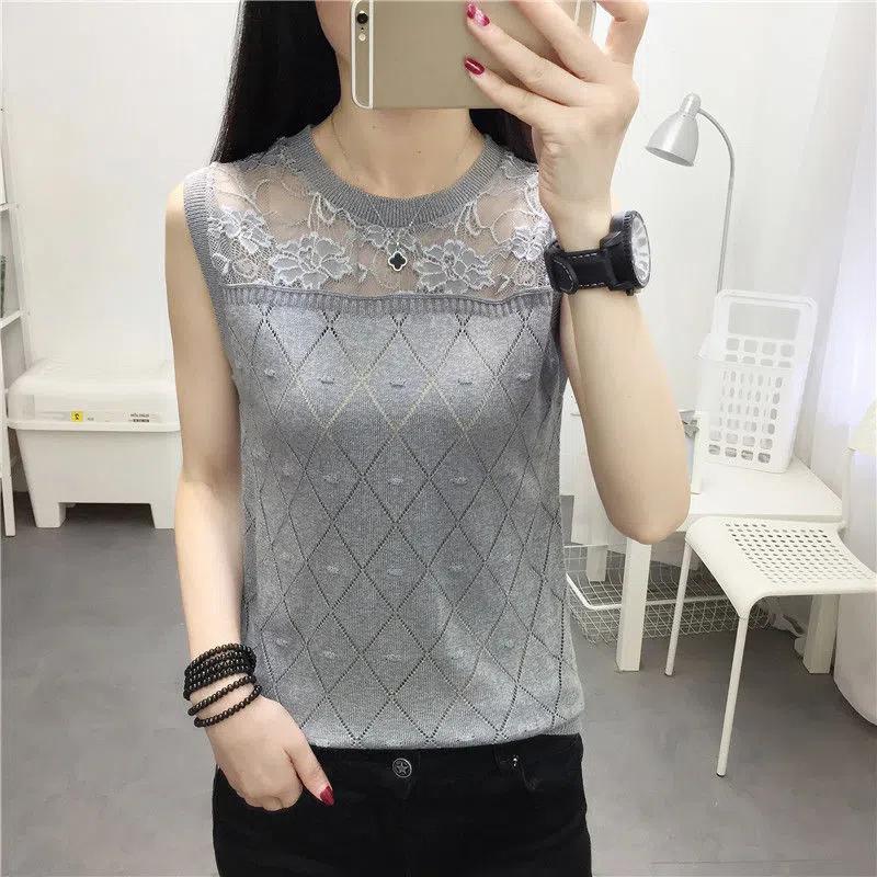 Round Neck Lace Bottoming Shirt Plus Size Women's Sleeveless Loose Camisole Knit Sweater T-Shirt Top