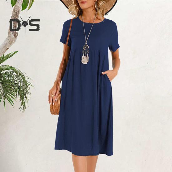 Women Dress Round Neck Short Sleeve Knee-Length Solid Color Dress with Pockets Loose Fit Summer Dress
