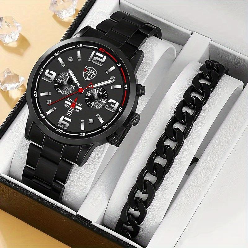 

2 шт./набор, 1 шт. модные мужские спортивные кварцевые часы с календарем и круглым стрелочным циферблатом и 1 шт. мужской браслет