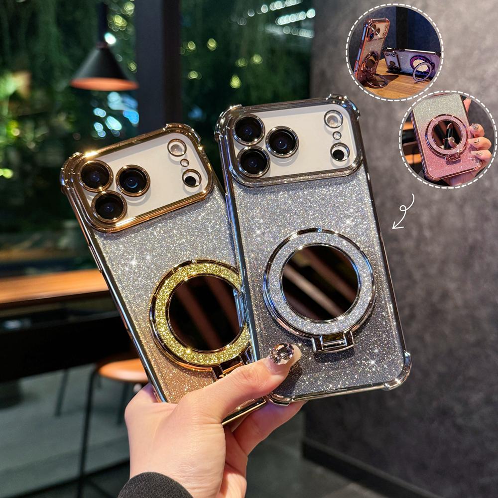 KEYSION Gradient Glitter Magnetic Phone Case for MagSafe for iPhone 17 Pro Max 17 Air Makeup Mirror Ring Stand Shockproof Cover