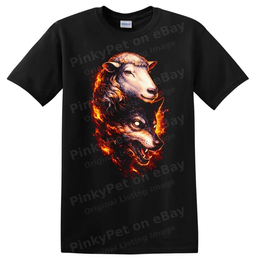 Animal Flame T Shirt Wolf Sheep Dual Head Graphic Art Tee Design