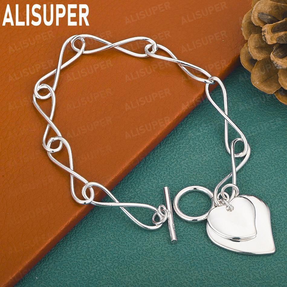 925 Sterling Silver Simple Heart-Shaped Side Chain Bracelet Gift Jewelry 20CM