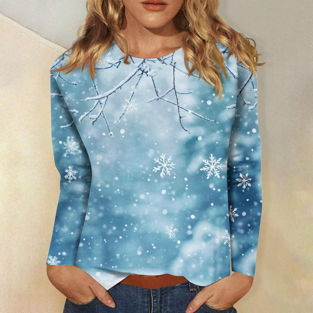 3D Christmas Snowflake Gradient Print Round Neck Long Sleeve T-shirt Casual Long Sleeve Top Party Loose Women's Top