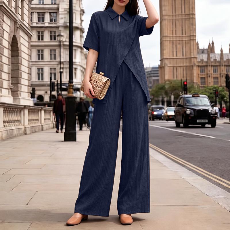 

ZANZEA Women Front Cross Short Sleeve Blouse and Long Pants Casual Two Piece Sets 2XL темно-синього кольору