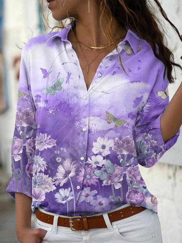 2025 Spring/Summer Printed Long Sleeve Lapel Shirt for Women - European & American Style